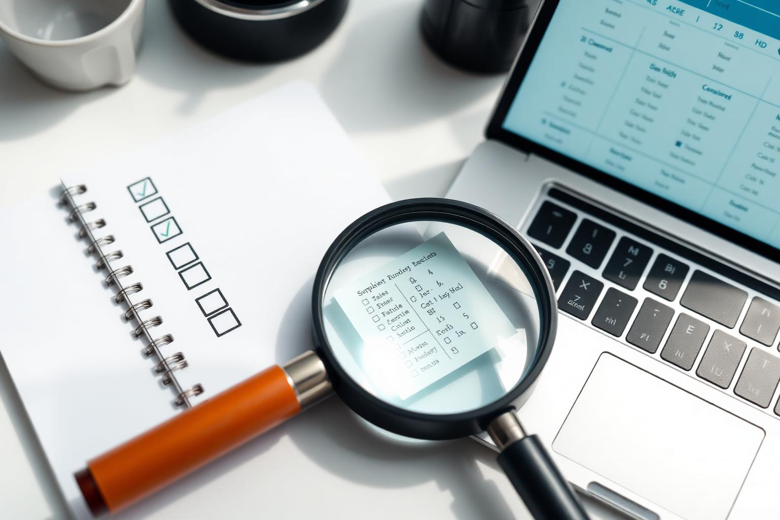 Curator's desk with a checklist, magnifying glass over a supplement label and a comparison table on a laptop