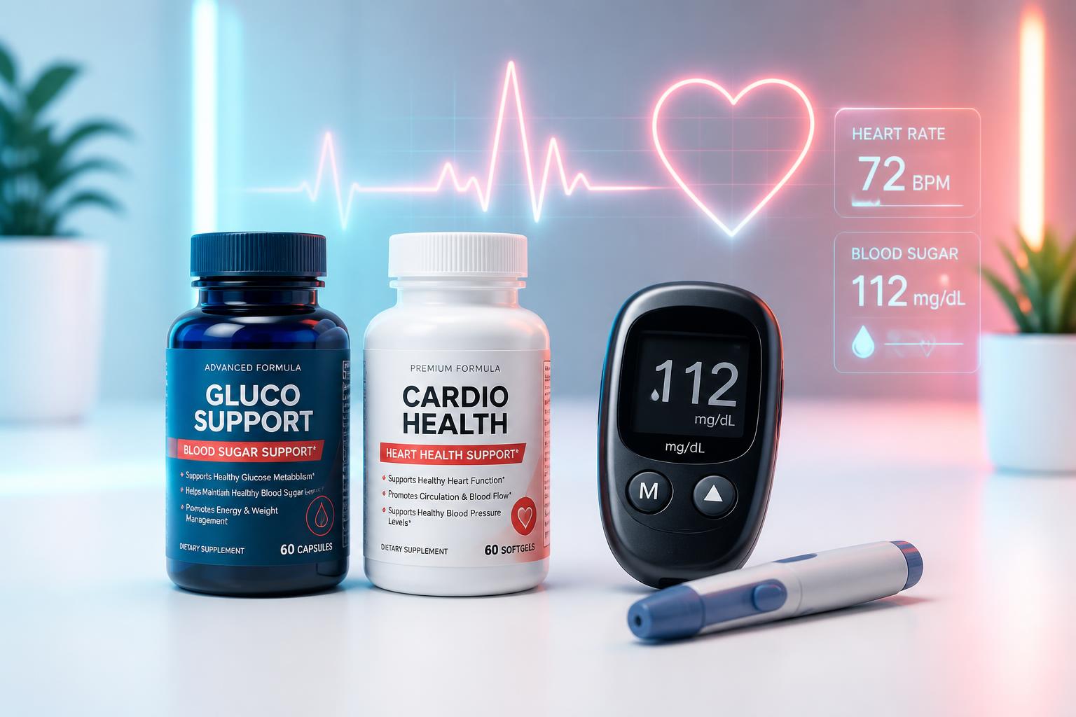 Gluco6 — Blood sugar supplements beside a glucose monitor and heart rate line