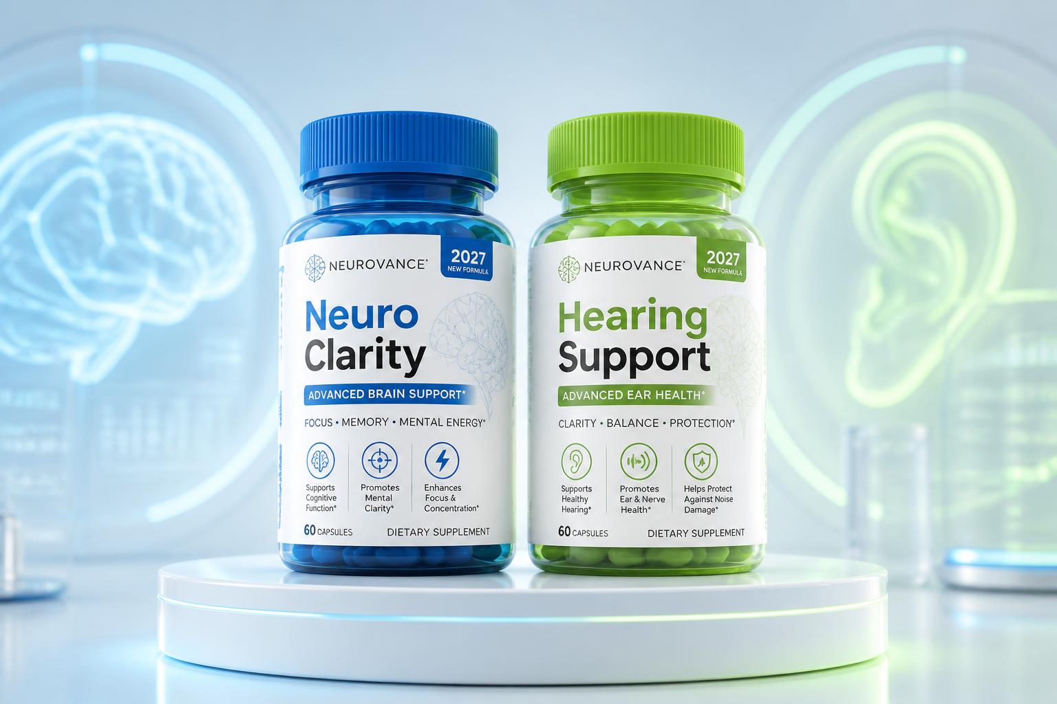 Brain and hearing support supplement bottles under bright studio light