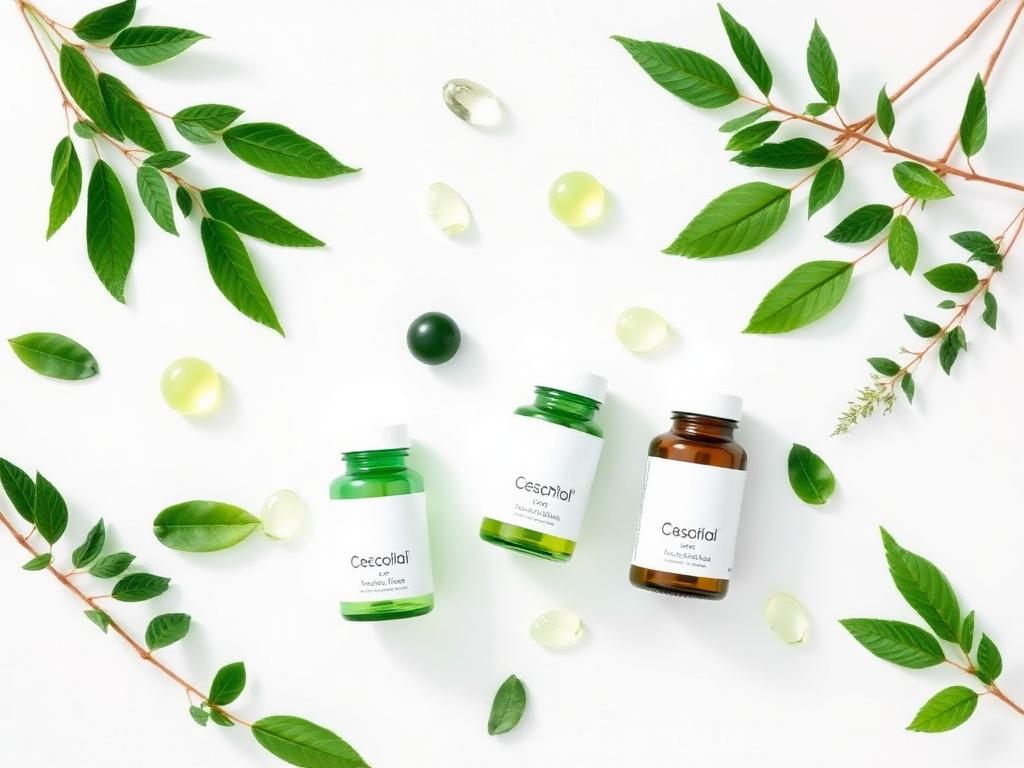 Natural supplement bottles with green botanicals
