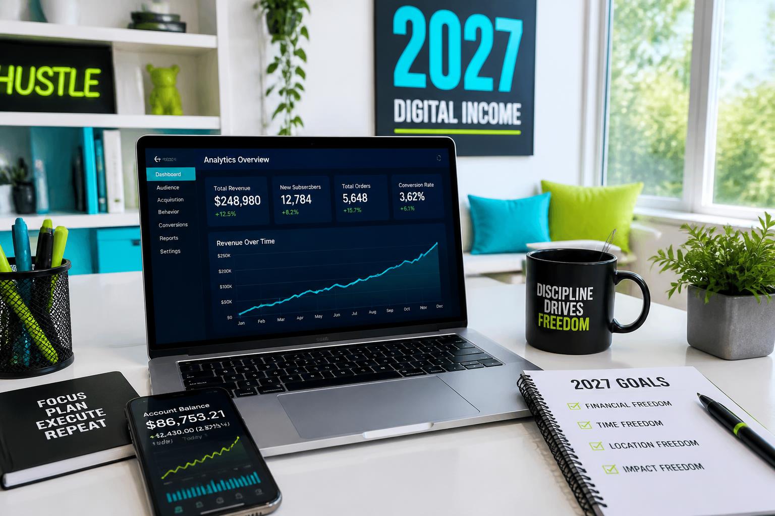 Home office desk with rising revenue analytics