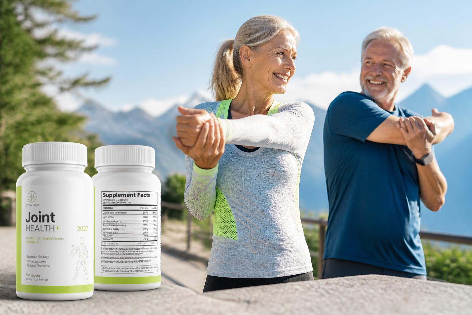 Joint Genesis — Active older couple stretching outdoors with joint support supplements
