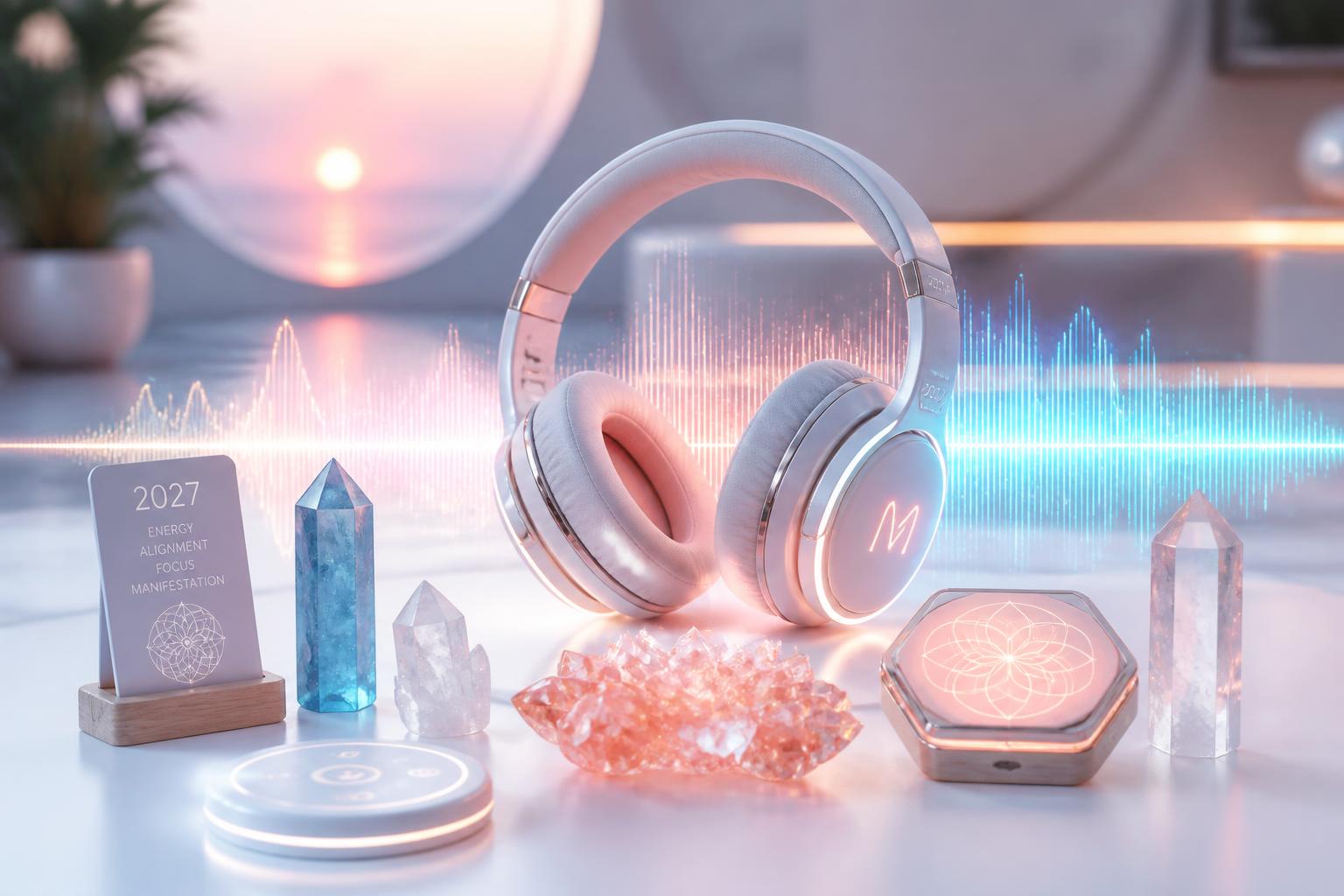 Manifestation audio headphones with crystals and glowing sound waves
