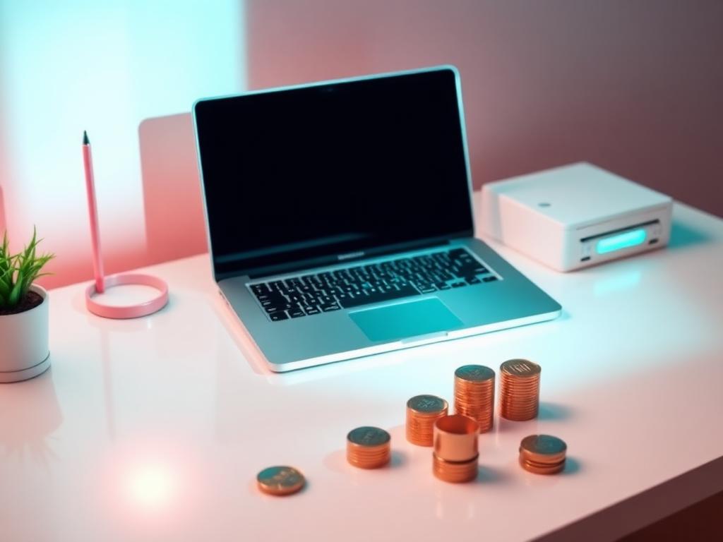 Laptop and coins representing digital income products