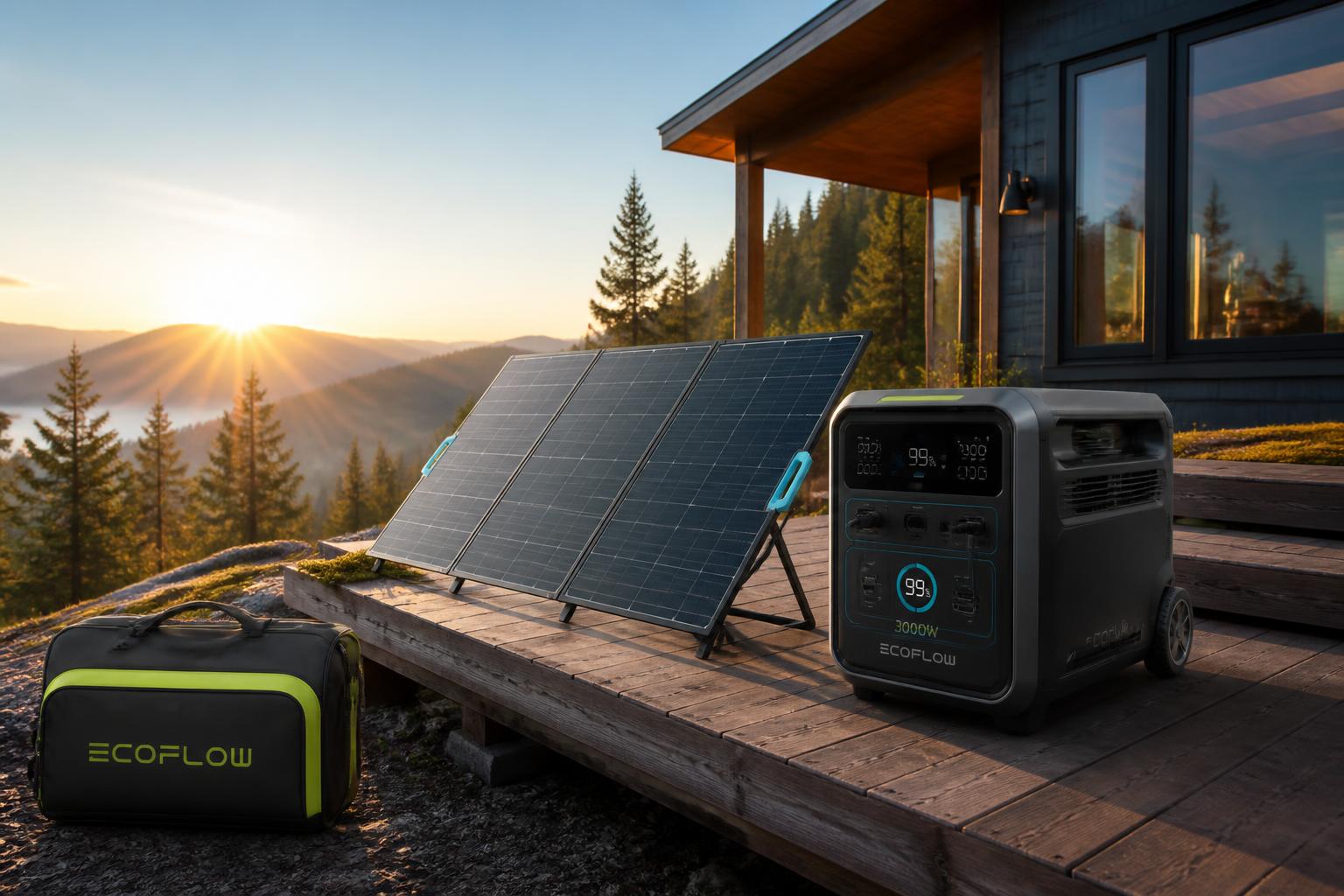 Solar panels and a portable power station beside an off-grid cabin at sunrise