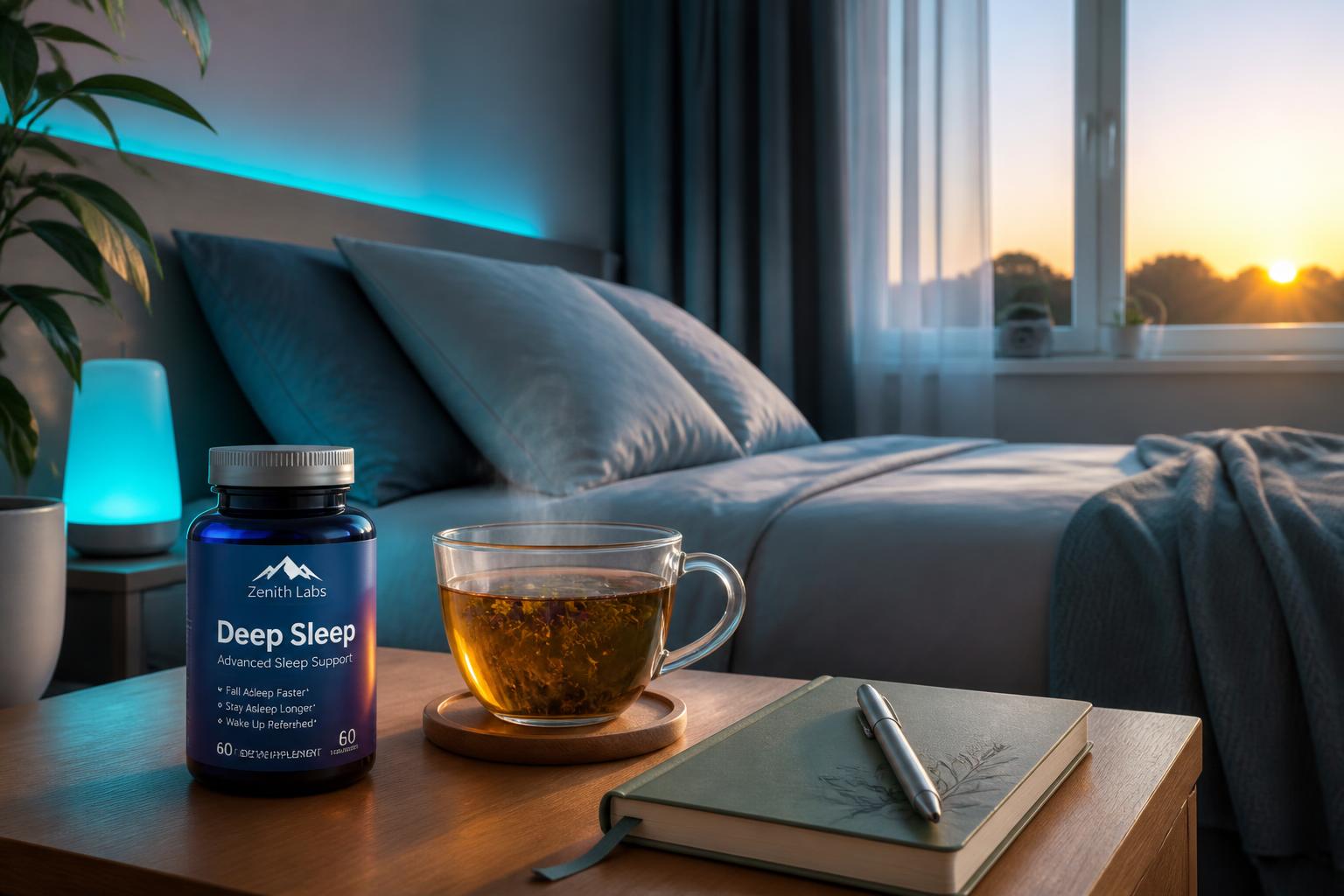 Revive Daily — Calm bedroom at dawn with a sleep support supplement and herbal tea