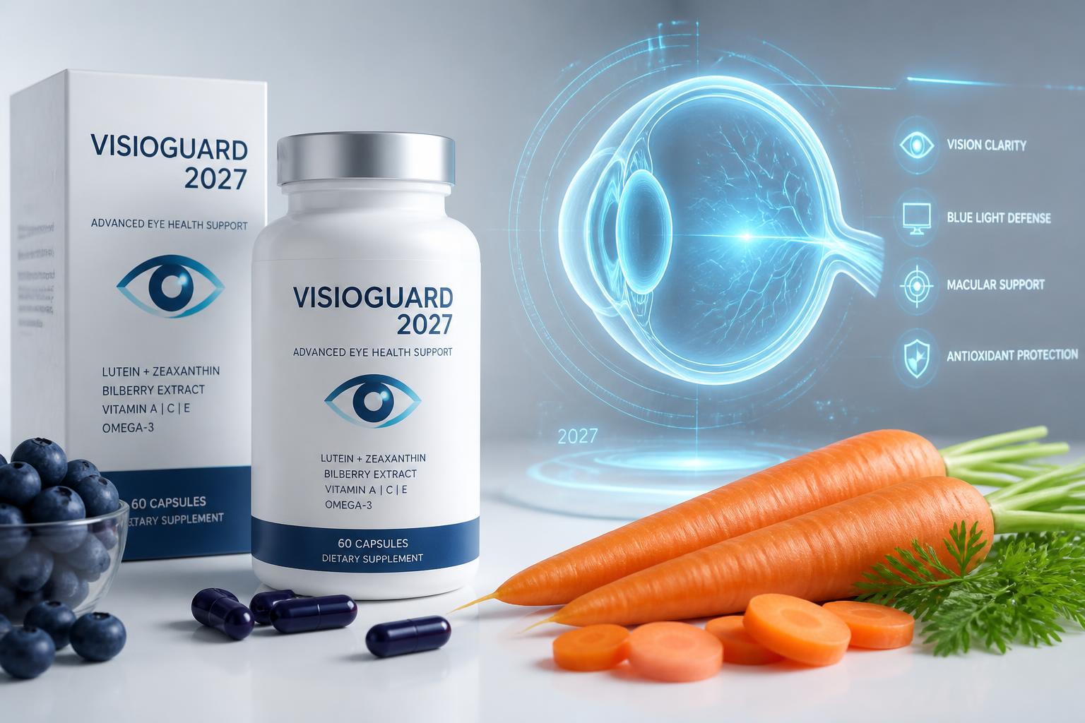 VisiFlora — Eye health supplements with blueberries, carrots and a holographic eye diagram