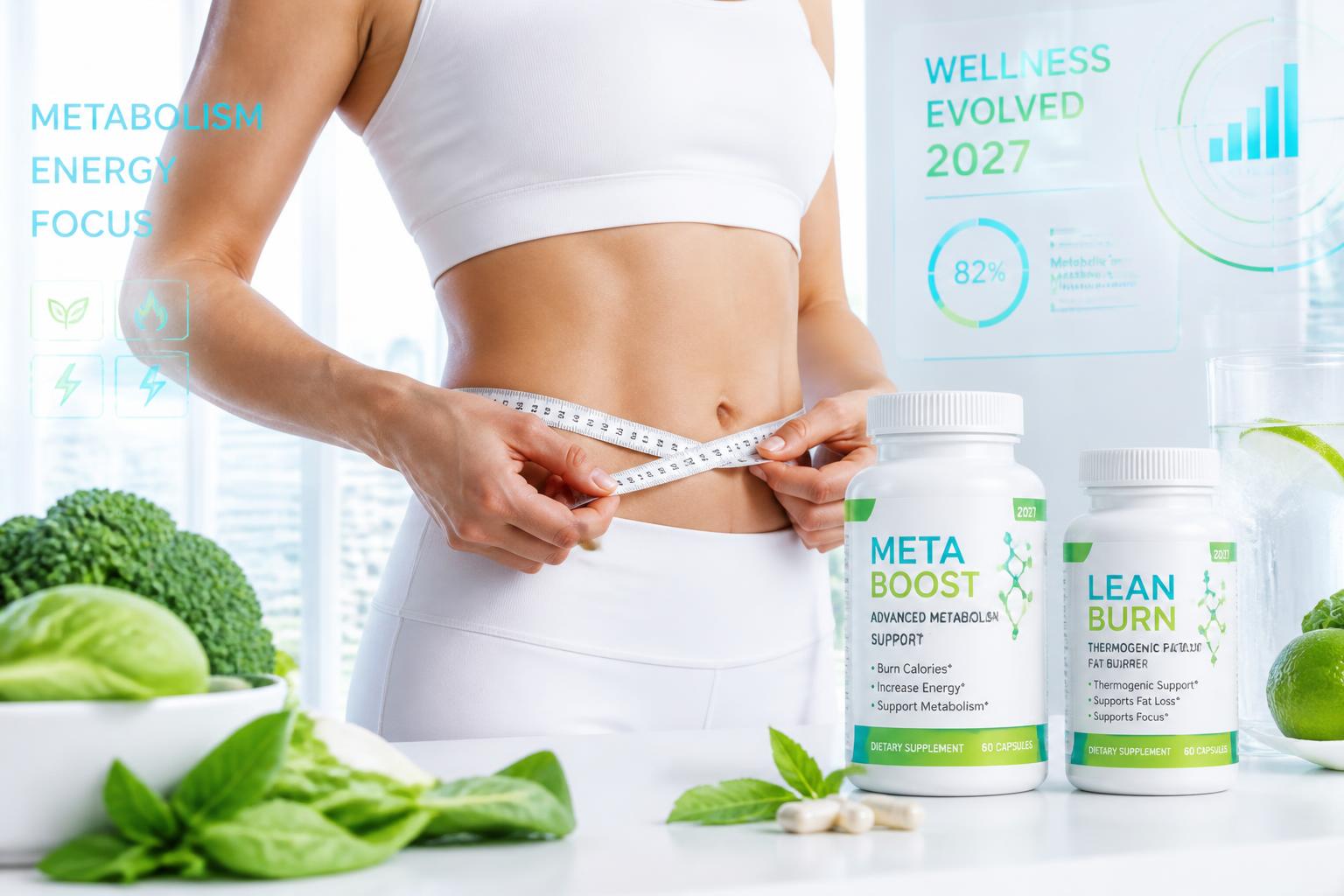 Metabolism supplements with fresh greens in a bright kitchen