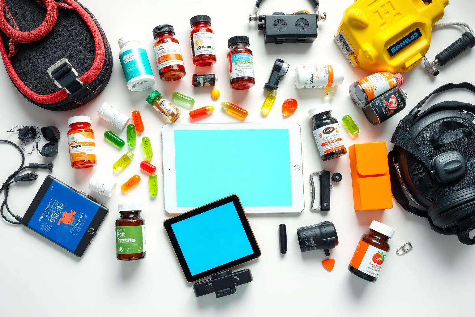 Flat-lay of supplement bottles, a tablet showing a digital course and off-grid gear