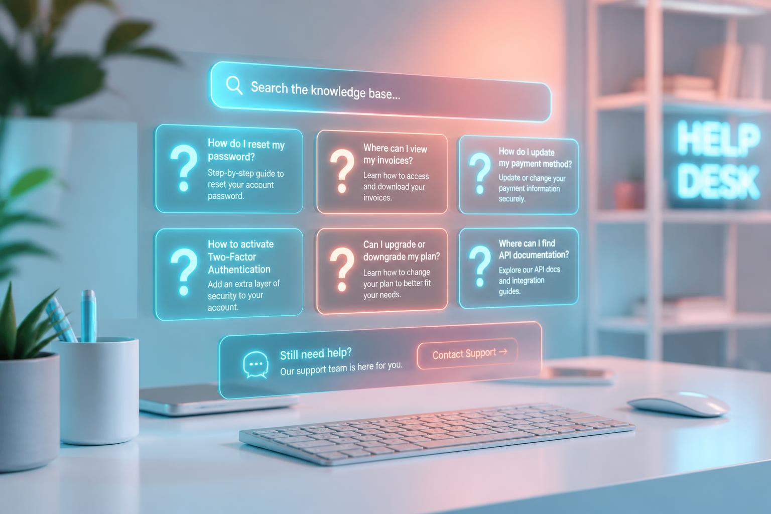 Searchable product knowledge base with floating question cards