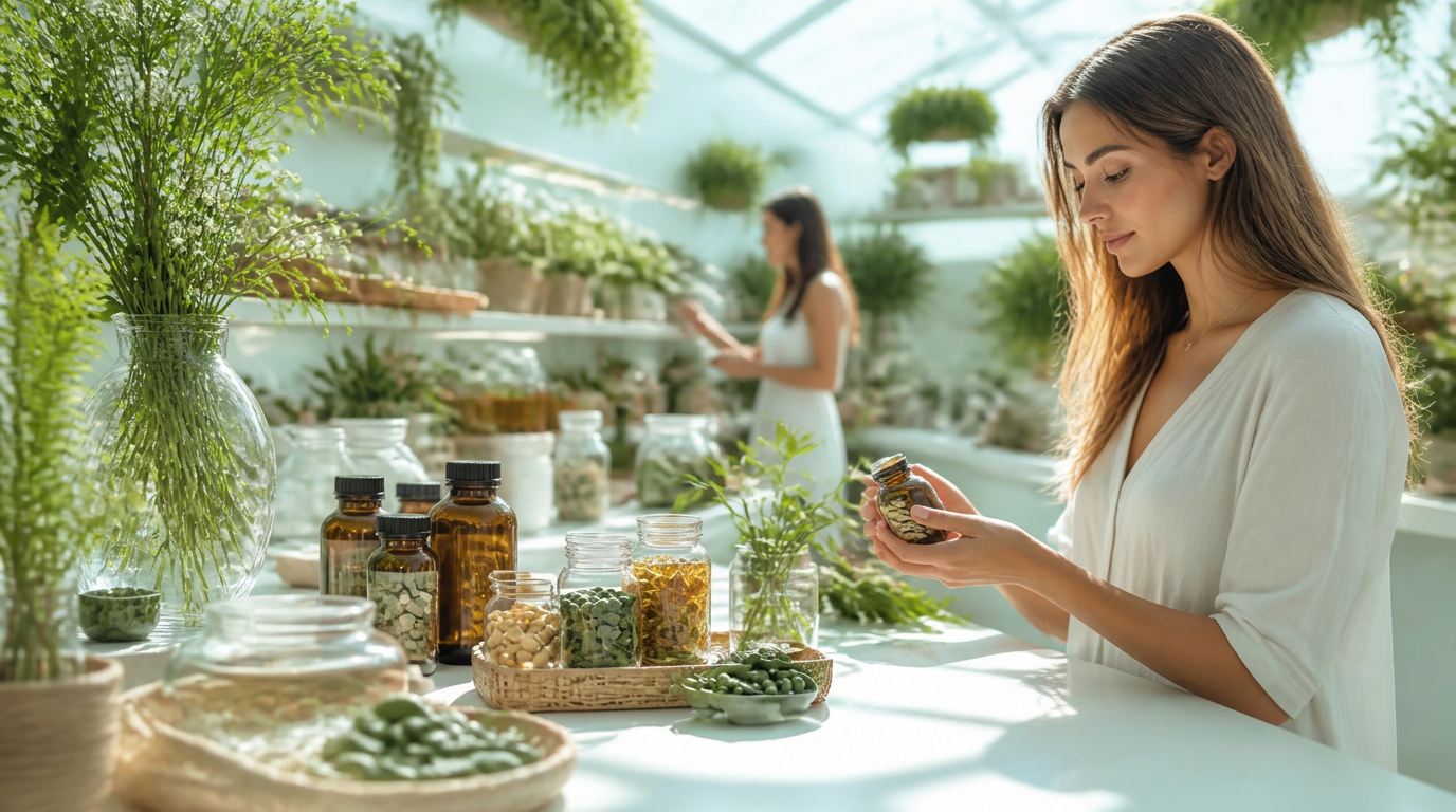 Sunlit organic wellness greenhouse with fresh botanicals and natural supplement jars
