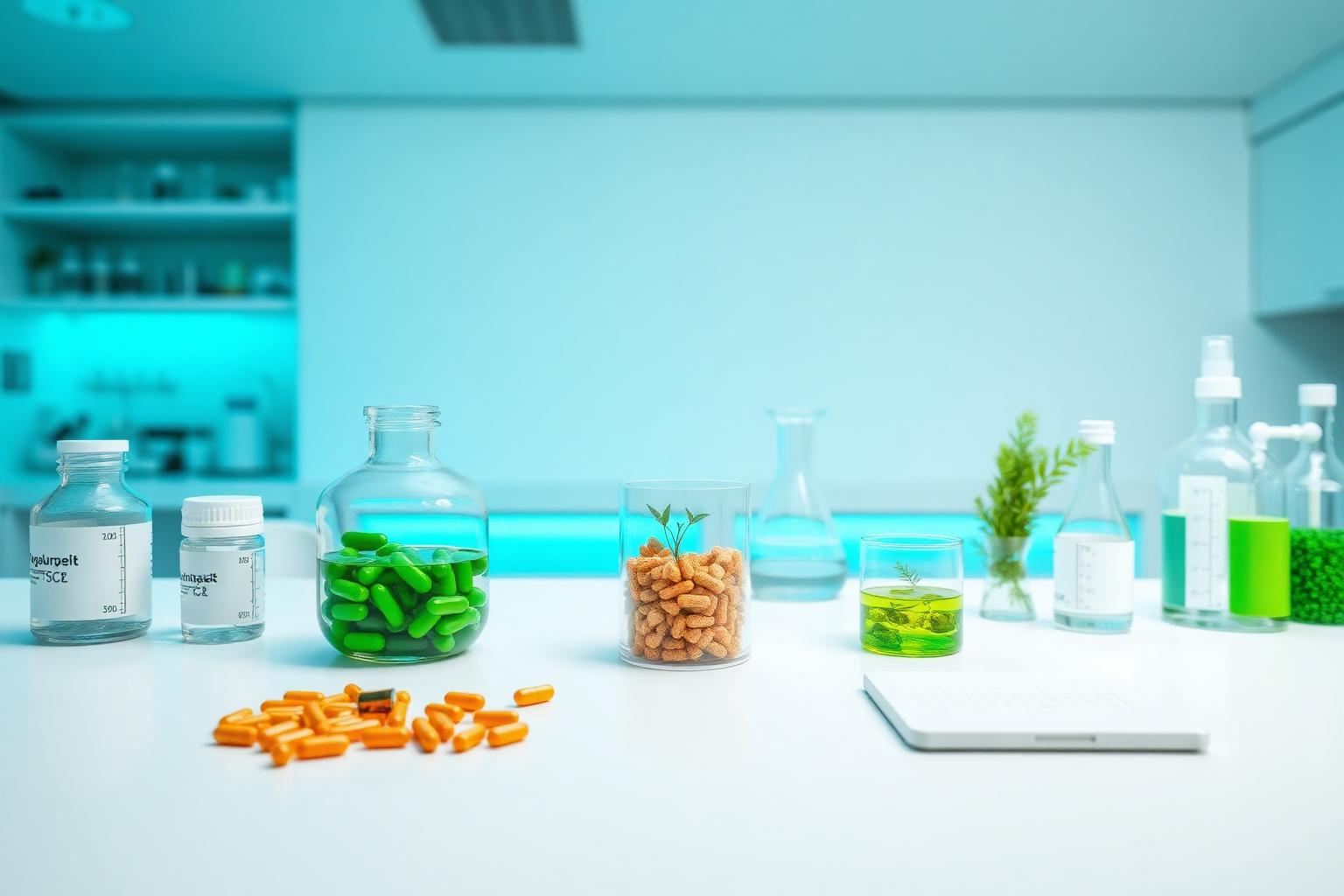 Bright laboratory bench with supplement capsules and plant samples