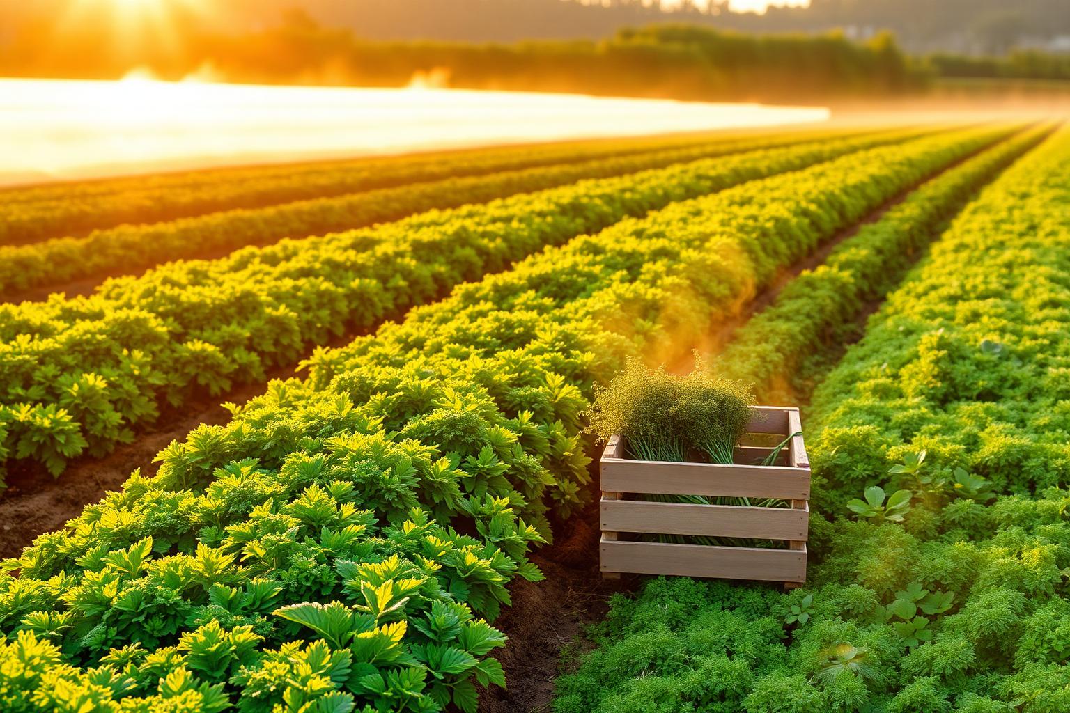 Organic herb farm rows at sunrise with a crate of fresh produce