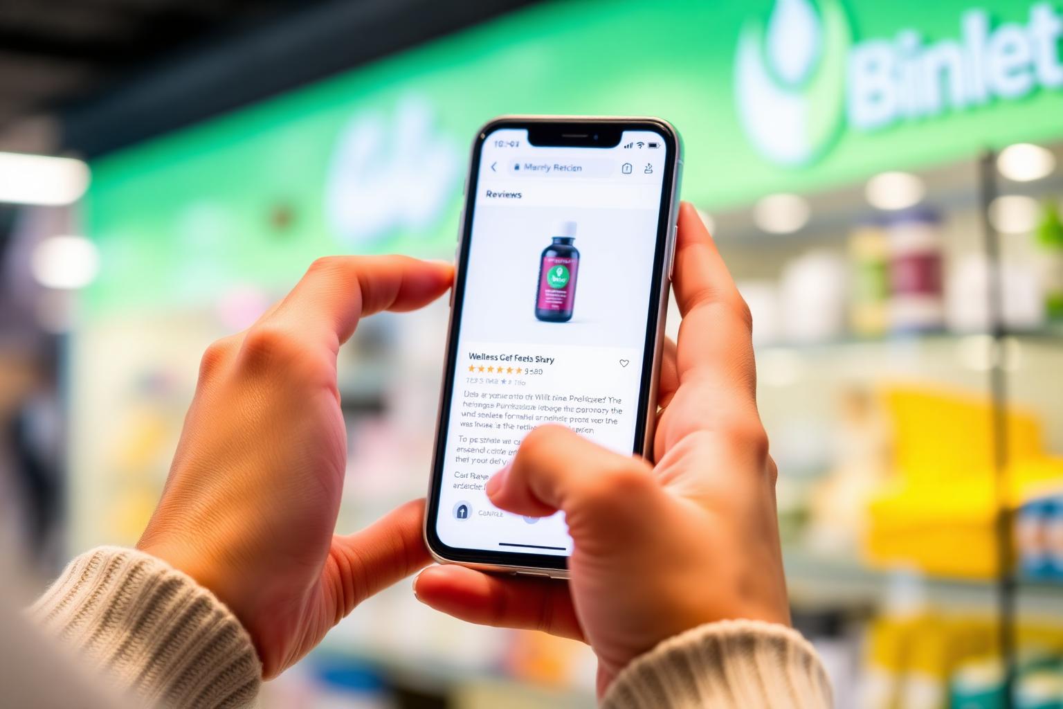 Person reading a product review page on a phone inside a bright wellness store